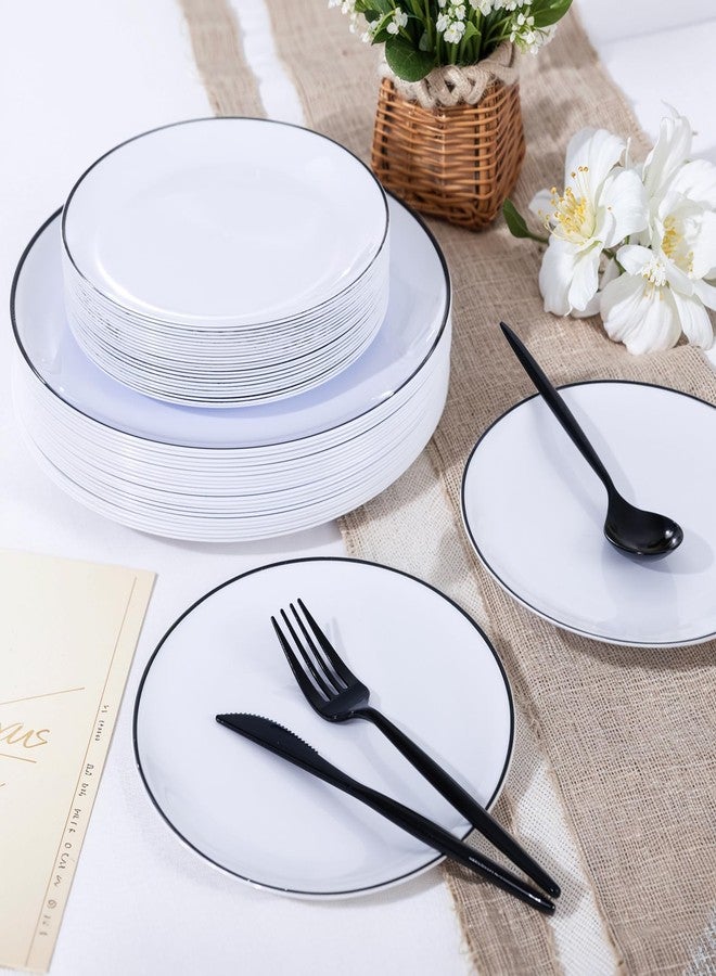 ejonirinjonir EI 100pcs White and Black Disposable Plates for Party,White Plastic Dinner Plates with Black Rim Disposable,Plastic Dessert Plate for Wedding,Family Gathering,Party,Afternoon Tea Business Event. - Image 5