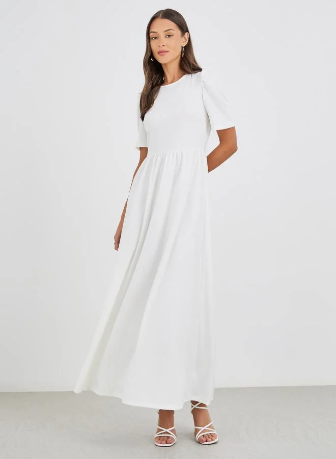 Styli Styli Solid Puff Sleeves A-Line Maxi Dress with Gathers