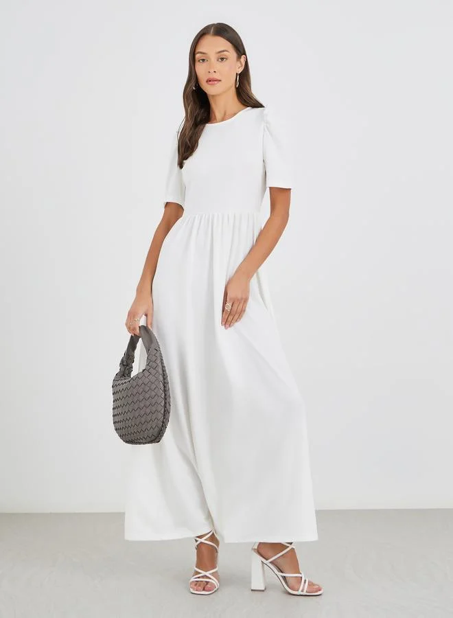 Styli Styli Solid Puff Sleeves A-Line Maxi Dress with Gathers
