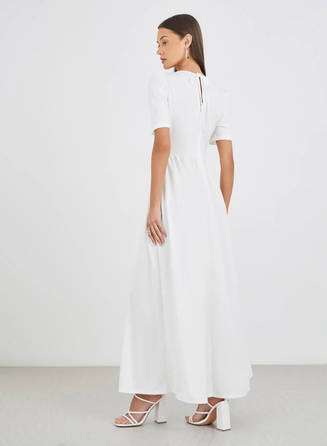 Styli Styli Solid Puff Sleeves A-Line Maxi Dress with Gathers