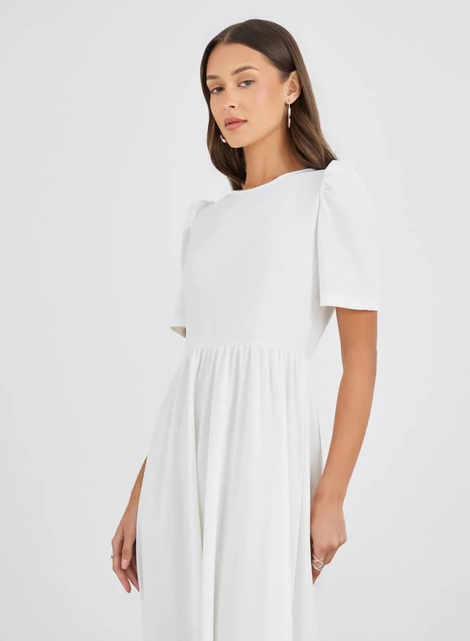 Styli Styli Solid Puff Sleeves A-Line Maxi Dress with Gathers