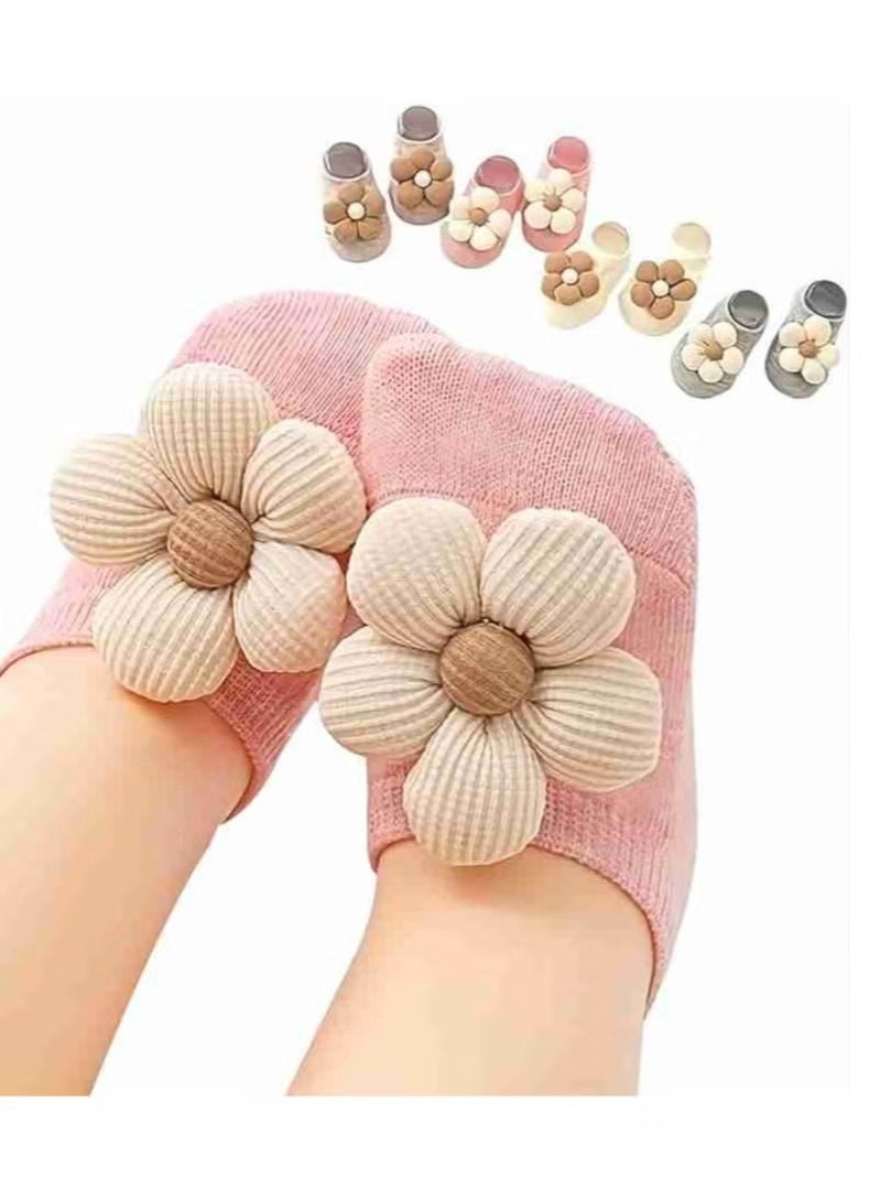 مرحبا بيبي 4 عبوات من جوارب البنات، جوارب أطفال بزهور ومقاومة للانزلاق، جوارب كاحل منخفضة للأميرات الصغيرات - Image 1