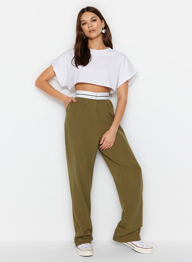 trendyol Oil Green Wide Leg High Waist Belt Detailed Woven Fabric Trousers TWOSS23PL00150 - Image 1