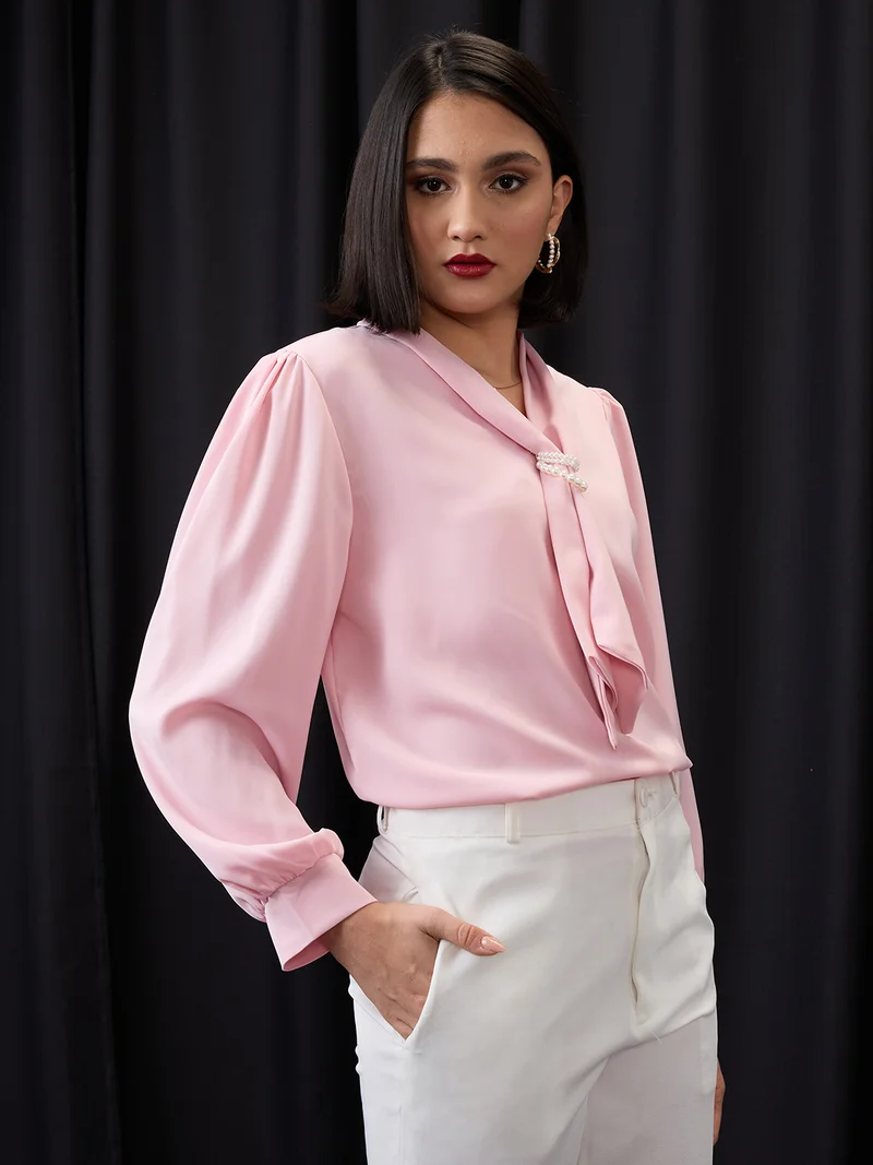 globus Women Pink Tie-Up Neck Cuff Sleeves Workwear Top