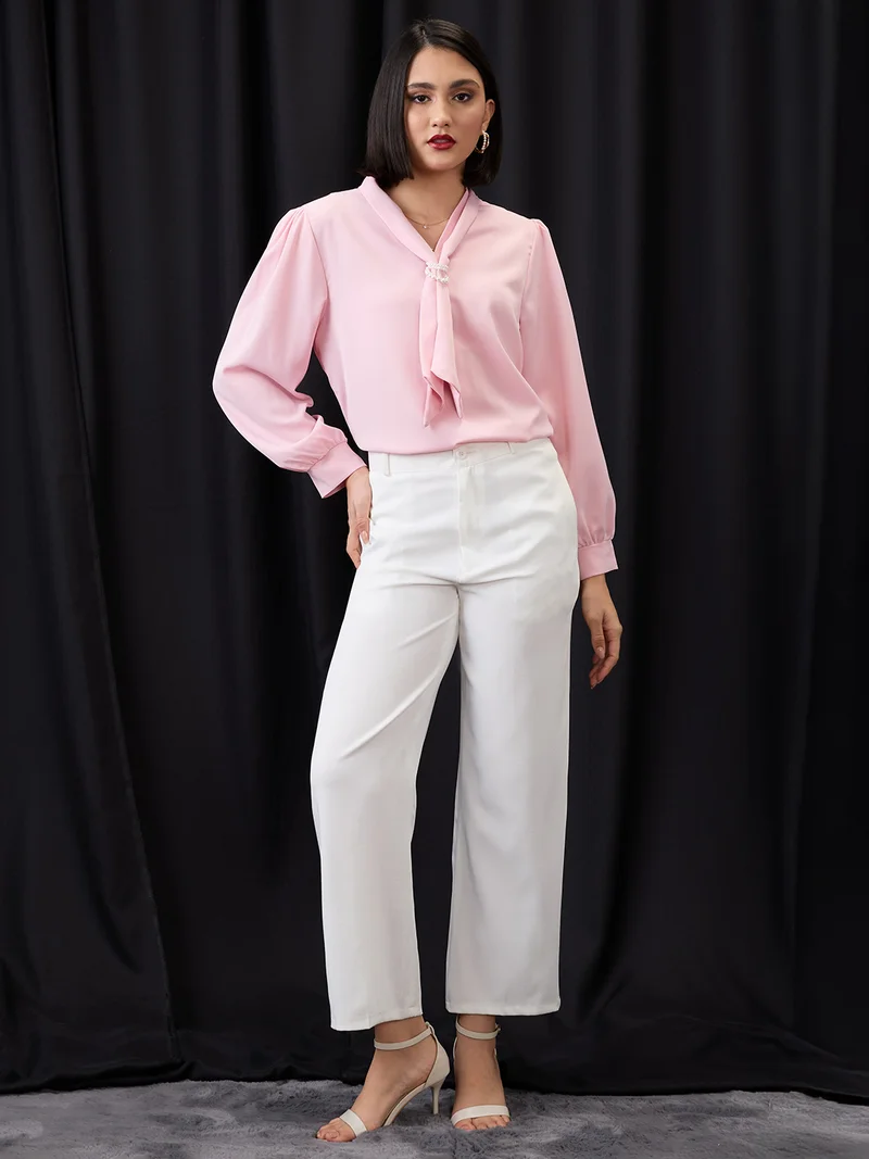 globus Women Pink Tie-Up Neck Cuff Sleeves Workwear Top