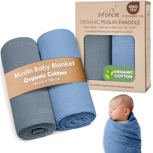 infancie Organic Cotton Muslin Baby Blanket - 47x47 Inch Breathable Swaddle, Hypoallergenic Double-Layer, Versatile Use (Slate/Aquarius, 47x47 Inch) - Image 1