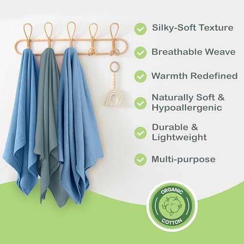 infancie Organic Cotton Muslin Baby Blanket - 47x47 Inch Breathable Swaddle, Hypoallergenic Double-Layer, Versatile Use (Slate/Aquarius, 47x47 Inch) - Image 3
