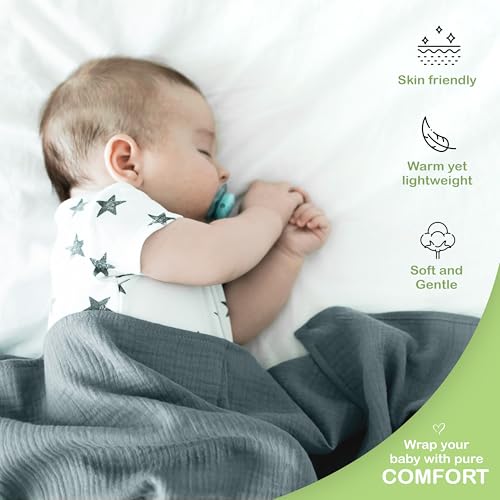 infancie Organic Cotton Muslin Baby Blanket - 47x47 Inch Breathable Swaddle, Hypoallergenic Double-Layer, Versatile Use (Slate/Aquarius, 47x47 Inch) - Image 5