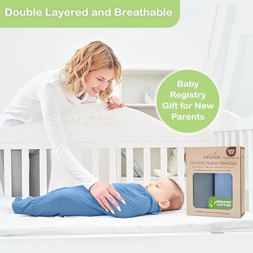 infancie Organic Cotton Muslin Baby Blanket - 47x47 Inch Breathable Swaddle, Hypoallergenic Double-Layer, Versatile Use (Slate/Aquarius, 47x47 Inch) - Image 2