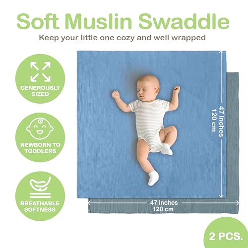 infancie Organic Cotton Muslin Baby Blanket - 47x47 Inch Breathable Swaddle, Hypoallergenic Double-Layer, Versatile Use (Slate/Aquarius, 47x47 Inch) - Image 4