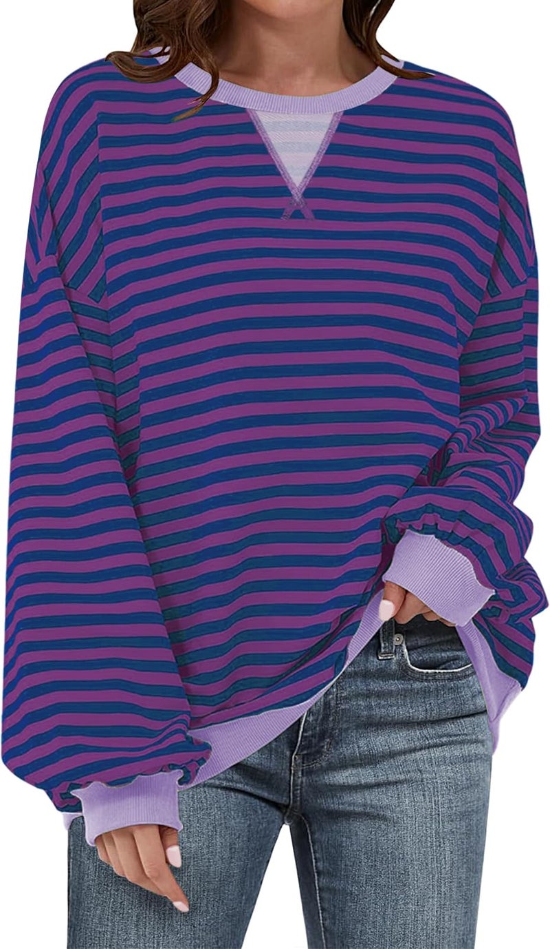 UEU Women's Striped Color Block Sweatshirts Oversized Crewneck Long Sleeve Y2K Pullover Shirt Purple Striped X-Large - Image 1