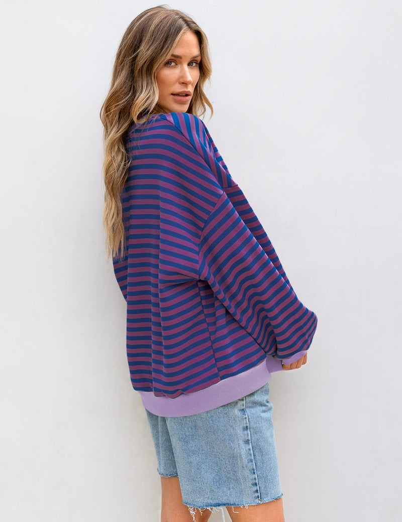 UEU Women's Striped Color Block Sweatshirts Oversized Crewneck Long Sleeve Y2K Pullover Shirt Purple Striped X-Large - Image 5