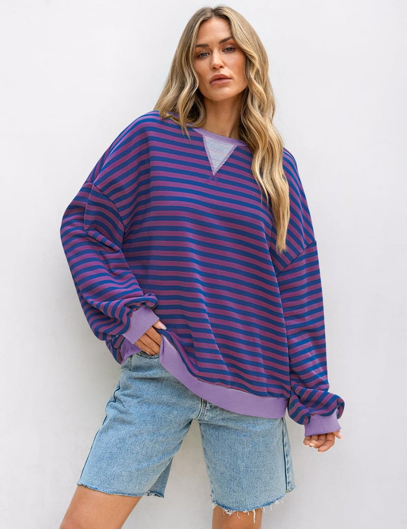 UEU Women's Striped Color Block Sweatshirts Oversized Crewneck Long Sleeve Y2K Pullover Shirt Purple Striped X-Large - Image 2