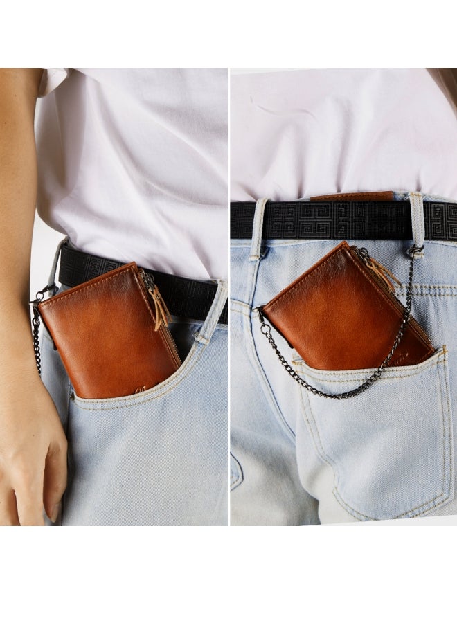 Dante Cowhide RFID Anti-theft Card Swiping Wallet, Driver's License Chain Zipper Coin Purse, Yellow-Brown (First Layer of Cowhide) - Image 2