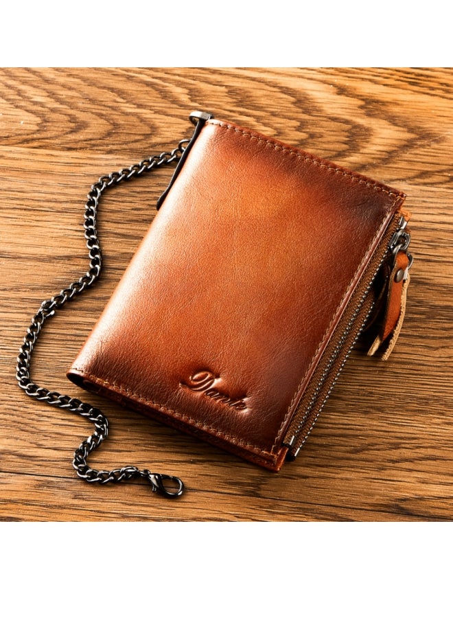 Dante Cowhide RFID Anti-theft Card Swiping Wallet, Driver's License Chain Zipper Coin Purse, Yellow-Brown (First Layer of Cowhide) - Image 1
