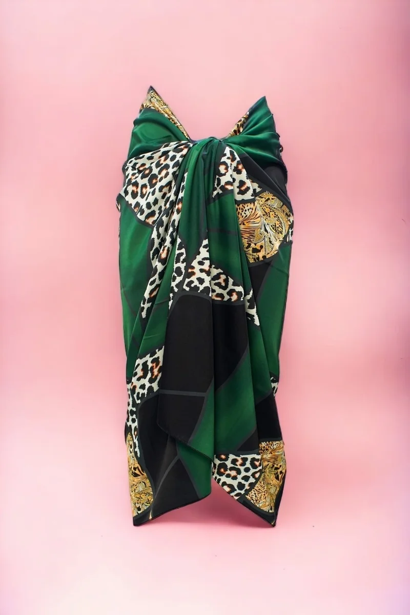Pistore Green Leopard Patterned Long Pareo Satin Women's Beach Dress New Season