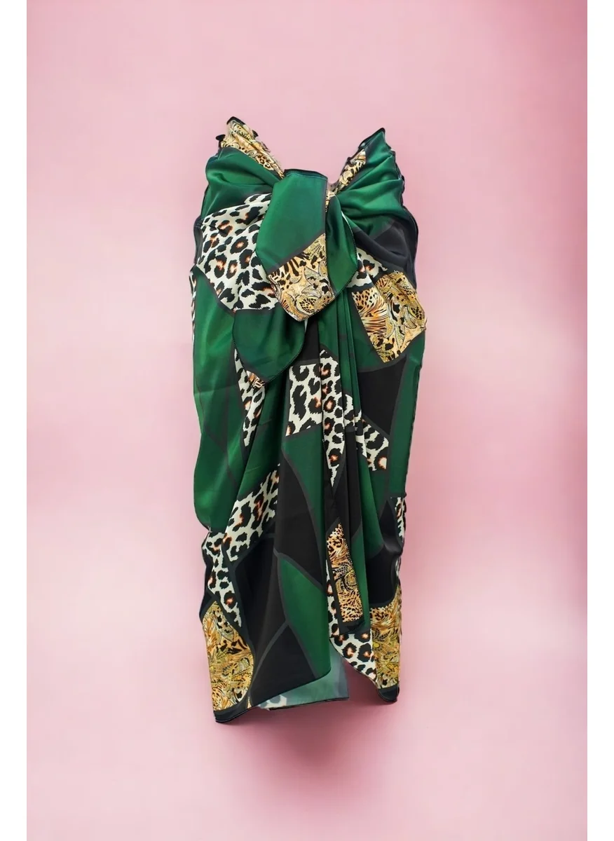 Pistore Green Leopard Patterned Long Pareo Satin Women's Beach Dress New Season