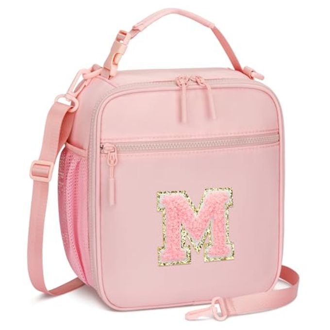 CLOUDWINGS Initial Insulated Lunch Bag for Girls Kids, Back to School Gift, Reusable Leak-proof Lunch Box with Adjustable Strap for School Daycare Travel Picnic (Pink,M)