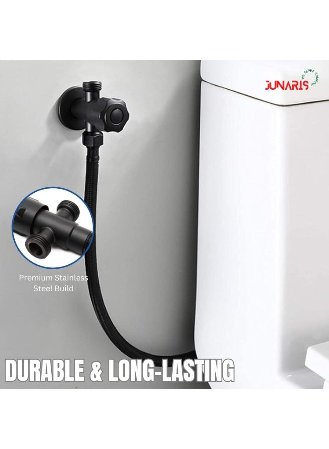 JUNARIS Black Dual Angle Valve for Washroom | Durable 2-Way Water Tap | 6x3x10cm Heavy-Duty Bathroom Angle Valve for Geyser, Washing Machine, Jet Spray & Basin - Image 2