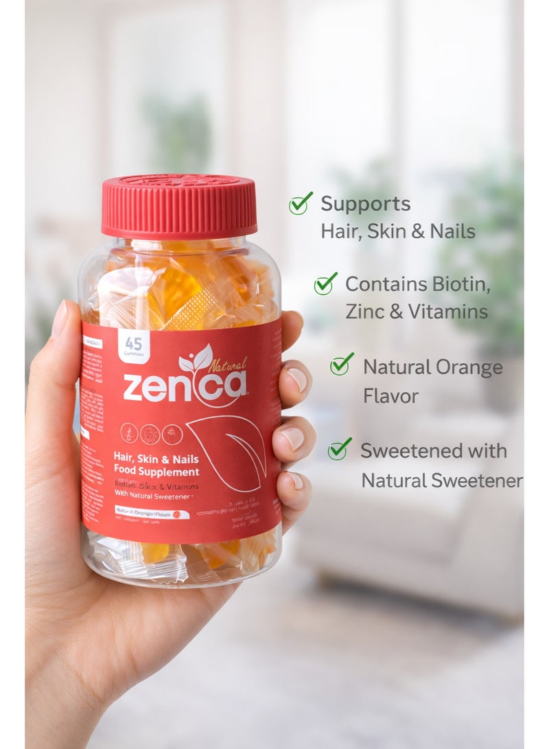 زينكا ناتشرلز زينكا مكمل غذائي للجمال (شعر، بشرة، أظافر) بنكهة البرتقال - قطع مضغ لدعم النوم والمظهر الصحي - 45 قطعة جيلاتينية - Image 3