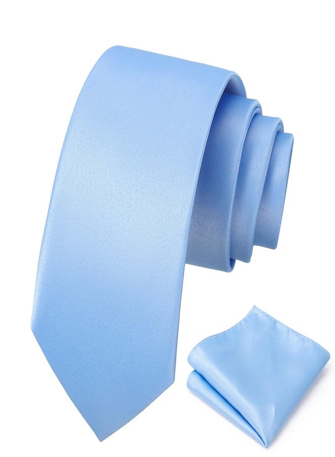 PenSee Men's Light Blue Tie Set Solid Pure Color 3.15" (8CM) Classic Formal Plain Necktie and Pocket Square Set For Men - Image 1