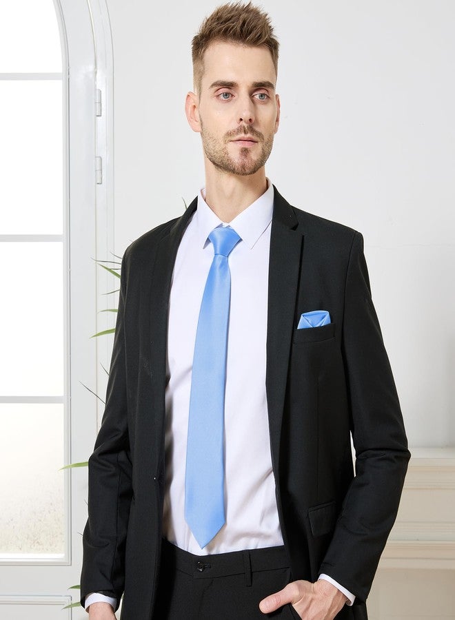 PenSee Men's Light Blue Tie Set Solid Pure Color 3.15" (8CM) Classic Formal Plain Necktie and Pocket Square Set For Men - Image 2
