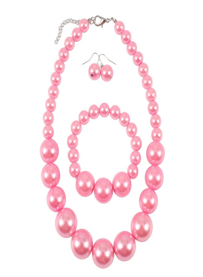 KOSMOS-LI Women's Large Big Simulated Pink Pearl Statement 19" Necklace Bracelet and Earrings Jewelry Set - Image 1