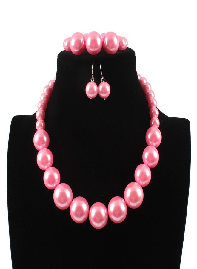 KOSMOS-LI Women's Large Big Simulated Pink Pearl Statement 19" Necklace Bracelet and Earrings Jewelry Set - Image 2