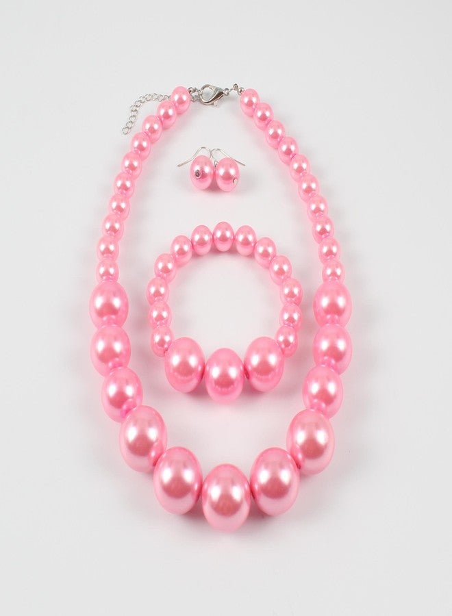 KOSMOS-LI Women's Large Big Simulated Pink Pearl Statement 19" Necklace Bracelet and Earrings Jewelry Set - Image 4