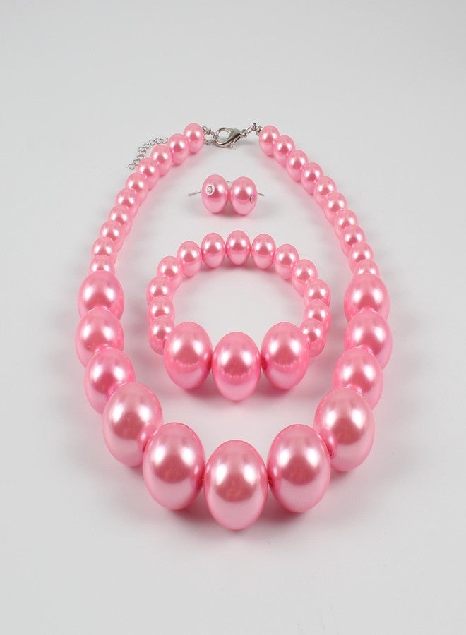 KOSMOS-LI Women's Large Big Simulated Pink Pearl Statement 19" Necklace Bracelet and Earrings Jewelry Set - Image 5