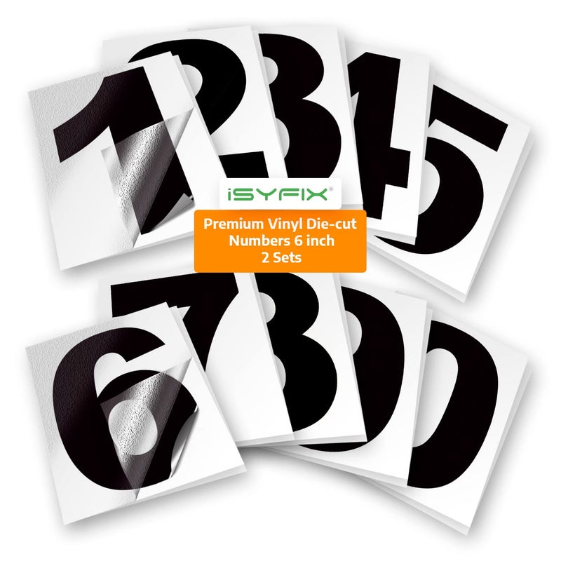 iSYFIX Black Vinyl Numbers Stickers â€“ 6 Inch Self Adhesive (2 Sets)- Premium Decal Die Cut and Pre-Spaced for Mailbox, Signs, Window, Door, Cars, Trucks, Homes, Address Numbers, Indoor or Outdoor - Image 1