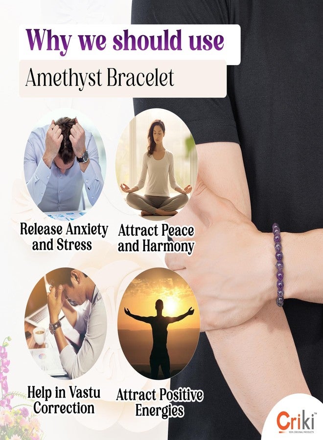 CRIKI Original Certified Amethyst Bracelet for Woman and Man - Natural Energised Purple beads Healing Crystal Bracelet for Anxiety, Stress, Mental Peace and Meditation - 8MM Beads (6.5 Inch) - Image 4