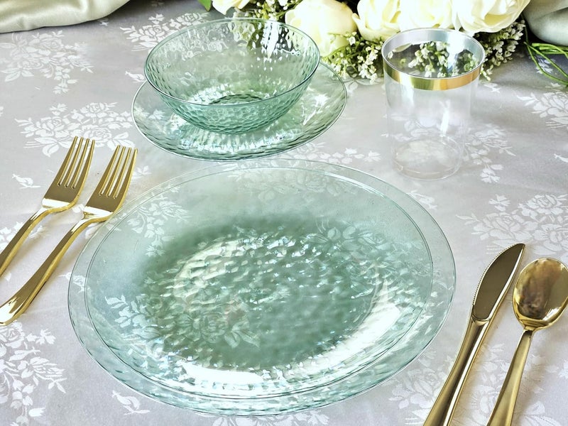 OCCASIONS FINEST PLASTIC TABLEWARE " OCCASIONS" 50 Plates Pack (25 Guests)-Heavyweight Wedding Party Disposable Plastic Plate Set -25 x 10'' Dinner + 25 x 7'' Salad/dessert plates (Coastal Clear Green) - Image 5