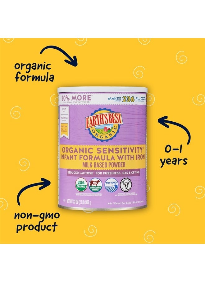 Earth's Best - Organic Sensitive Baby Formula for Babies 0-12 Months, Reduced Lactose Powdered Infant Formula with Iron, Omega-3 DHA, and Omega-6 ARA, 32 oz Formula Container - Image 1