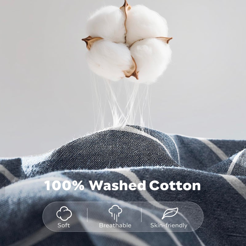 JELLYMONI Washed Cotton Duvet Cover Queen Size â€“ Breathable & Cozy Bedding Set for Modern Homes, Dorms & Guest Rooms, Blue Striped Comforter Cover with Button Closure, 1 Duvet Cover & 2 Pillowcases - Image 2