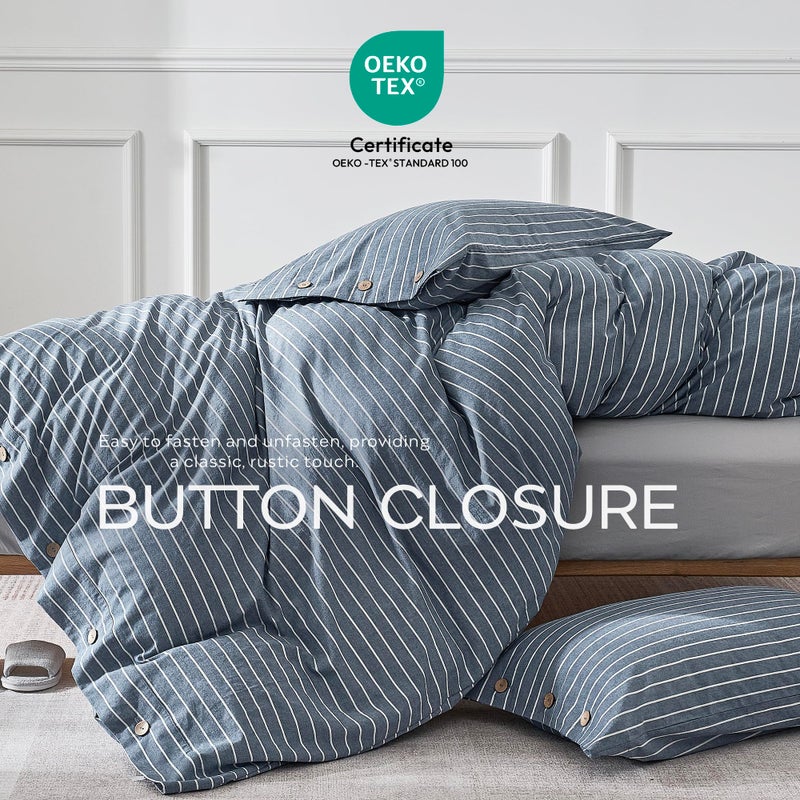 JELLYMONI Washed Cotton Duvet Cover Queen Size â€“ Breathable & Cozy Bedding Set for Modern Homes, Dorms & Guest Rooms, Blue Striped Comforter Cover with Button Closure, 1 Duvet Cover & 2 Pillowcases - Image 5
