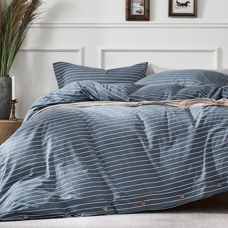 JELLYMONI Washed Cotton Duvet Cover Queen Size â€“ Breathable & Cozy Bedding Set for Modern Homes, Dorms & Guest Rooms, Blue Striped Comforter Cover with Button Closure, 1 Duvet Cover & 2 Pillowcases - Image 1