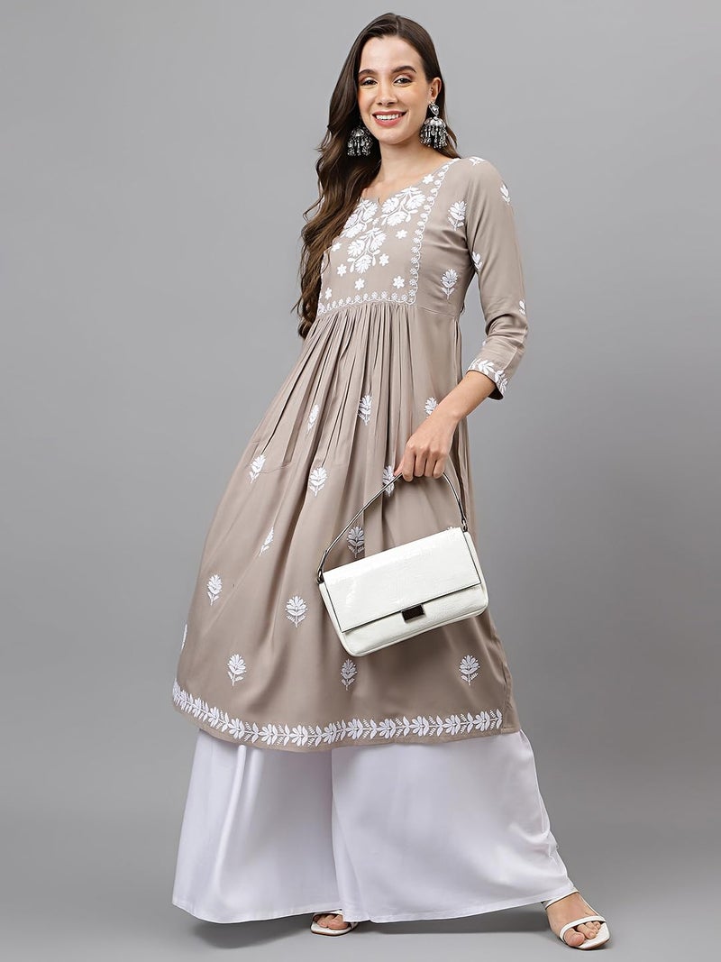 RATAN Women's Rayon Anarkali Lucknowi Chikankari Ethnic Wear Kurta (Rumi-BRWN-M_BRWN) Brown, Regular Fit, Medium - Image 2