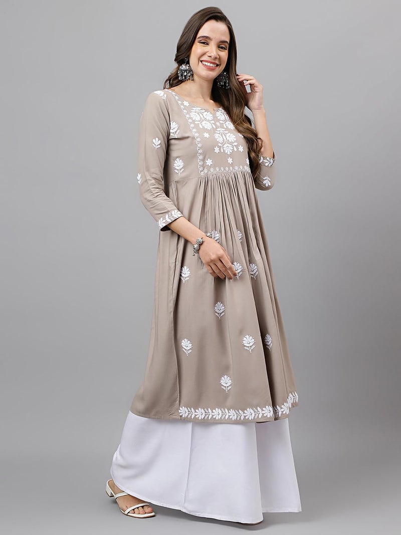 RATAN Women's Rayon Anarkali Lucknowi Chikankari Ethnic Wear Kurta (Rumi-BRWN-M_BRWN) Brown, Regular Fit, Medium - Image 3