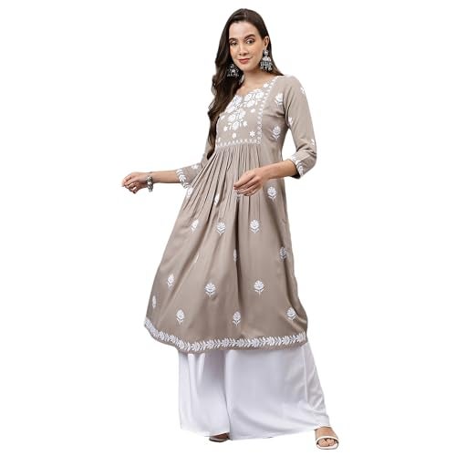 RATAN Women's Rayon Anarkali Lucknowi Chikankari Ethnic Wear Kurta (Rumi-BRWN-M_BRWN) Brown, Regular Fit, Medium - Image 1