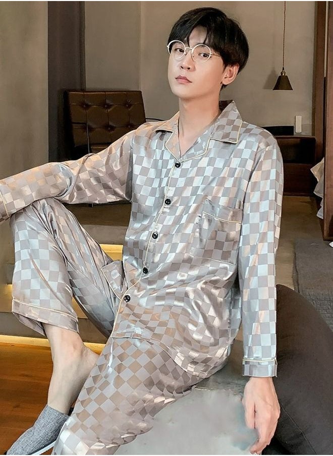 Generic - 2-Piece Set Men's Long Sleeves Sleepwear Sets Satin Checked Printing Sleepwear Pajamas Pants Silk Nightgown Male Loose Shirts Spring Summer Loungewear Home Clothes - Image 1