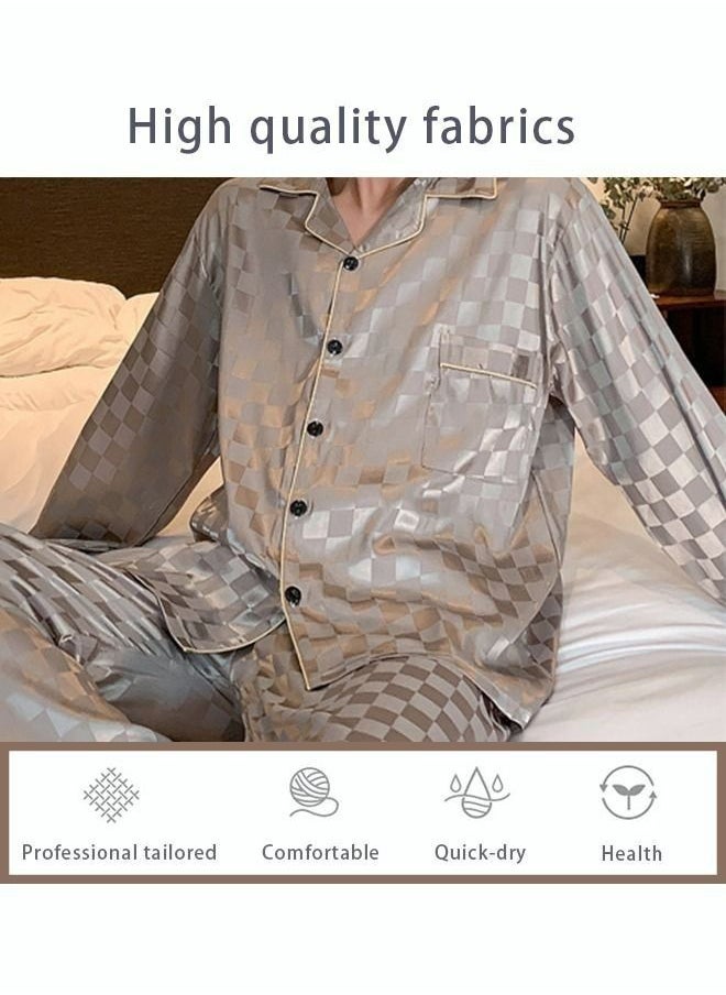 Generic - 2-Piece Set Men's Long Sleeves Sleepwear Sets Satin Checked Printing Sleepwear Pajamas Pants Silk Nightgown Male Loose Shirts Spring Summer Loungewear Home Clothes - Image 1