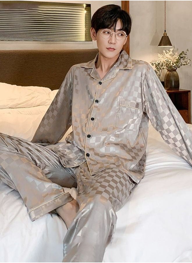 Generic - 2-Piece Set Men's Long Sleeves Sleepwear Sets Satin Checked Printing Sleepwear Pajamas Pants Silk Nightgown Male Loose Shirts Spring Summer Loungewear Home Clothes - Image 1