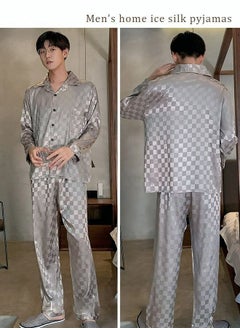 2-Piece Set Men's Long Sleeves Sleepwear Sets Satin Checked Printing Sleepwear Pajamas Pants Silk Nightgown Male Loose Shirts Spring Summer Loungewear Home Clothes