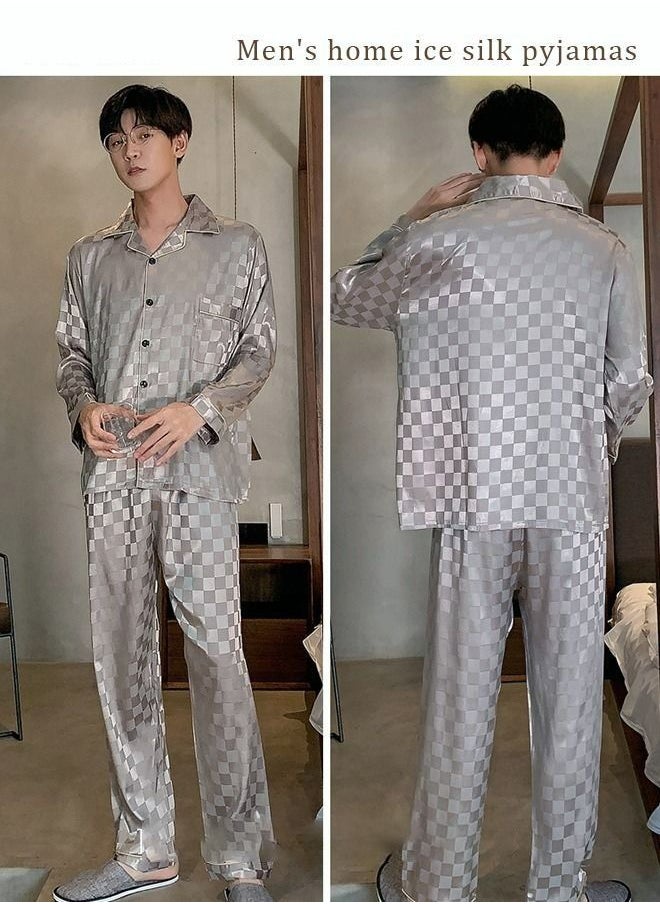 Generic - 2-Piece Set Men's Long Sleeves Sleepwear Sets Satin Checked Printing Sleepwear Pajamas Pants Silk Nightgown Male Loose Shirts Spring Summer Loungewear Home Clothes - Image 1