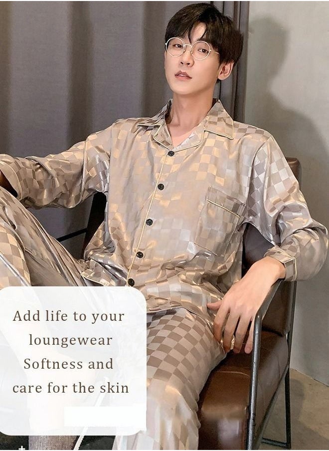 Generic - 2-Piece Set Men's Long Sleeves Sleepwear Sets Satin Checked Printing Sleepwear Pajamas Pants Silk Nightgown Male Loose Shirts Spring Summer Loungewear Home Clothes - Image 1