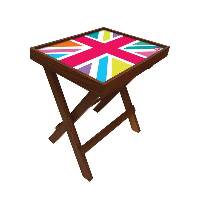 Nutcase Designer Teak Wood Side Table Folding Wooden Bedside Coffee Outdoor Picnic Table Colorful Strips - Image 2
