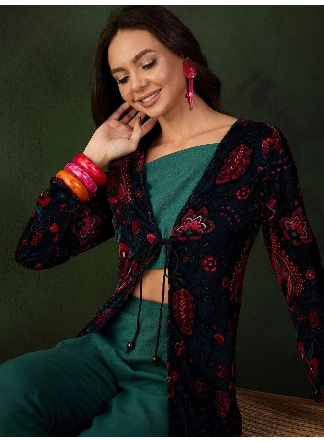 أيه كيه إس Black And Emerald Velvet Co Ord Set With Velvet Jacket