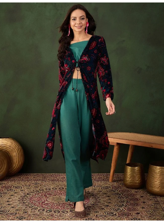 أيه كيه إس Black And Emerald Velvet Co Ord Set With Velvet Jacket