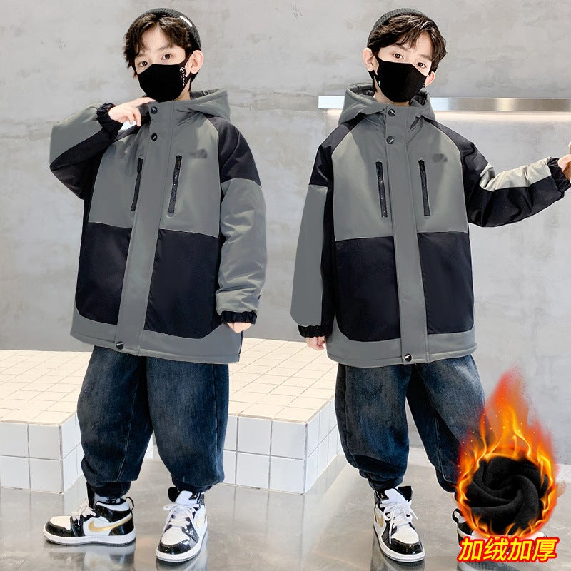Children'S Wear Boys' Winter Wear Plus Velvet Jacket Children'S Thickened Charge Clothes Style Mid-Big Children'S Parker Clothes Fashion Jacket - Image 5